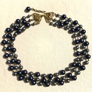 VINTAGE SIGNED FREIRICH FAUX PEARL 3 STRAND VICTORIAN NECKLACE GOLD TONE 18”